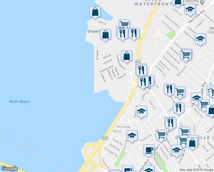 map of restaurants, bars, coffee shops, grocery stores, and more near 105 Cherry Street in Jersey City