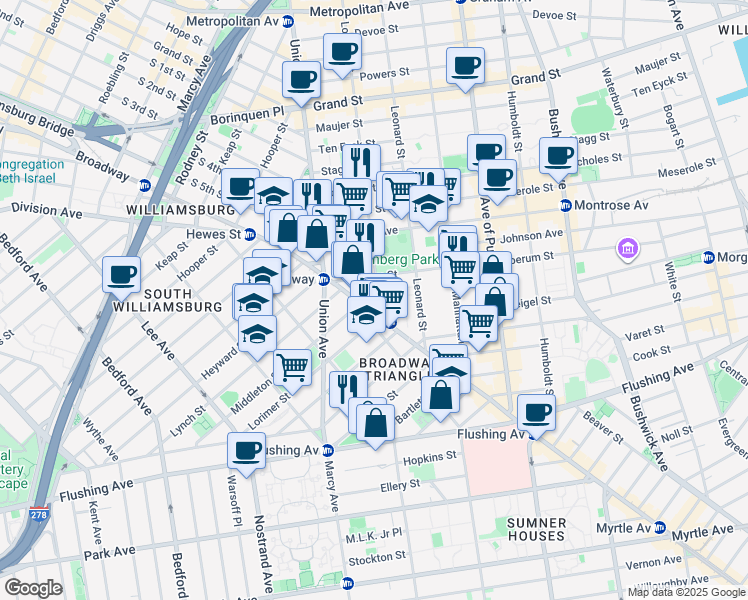 map of restaurants, bars, coffee shops, grocery stores, and more near 28 Throop Avenue in Brooklyn