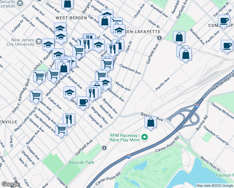 map of restaurants, bars, coffee shops, grocery stores, and more near 46 Arlington Avenue in Jersey City