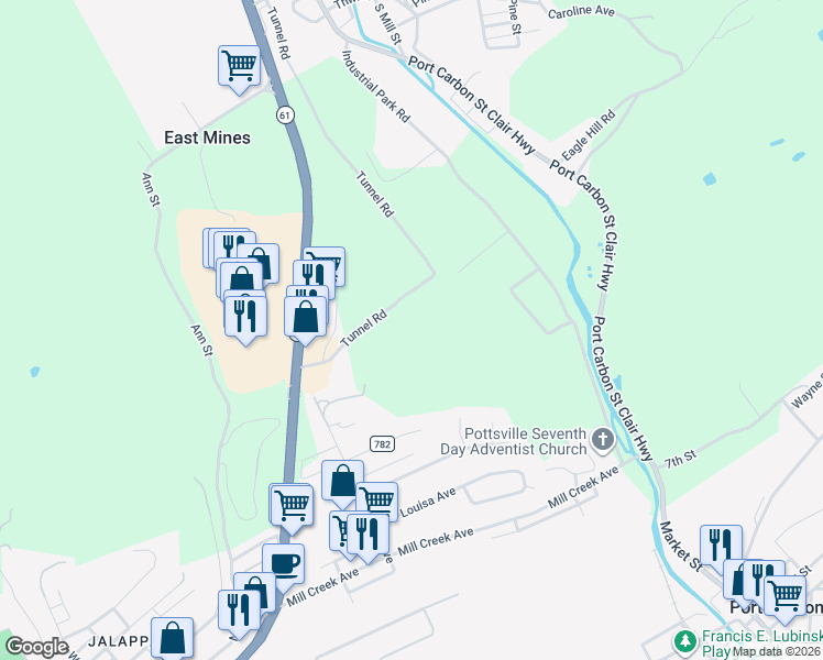 map of restaurants, bars, coffee shops, grocery stores, and more near 82 Tunnel Road in Pottsville
