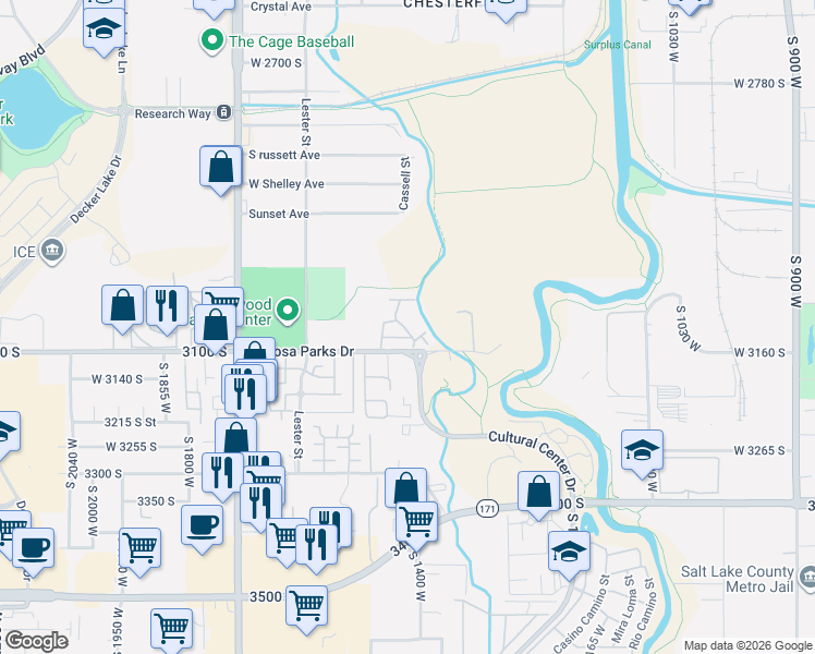 map of restaurants, bars, coffee shops, grocery stores, and more near 3063 South Shadywood Way in West Valley City