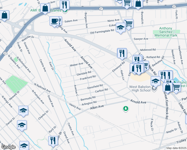 map of restaurants, bars, coffee shops, grocery stores, and more near 85 Avenue B in West Babylon