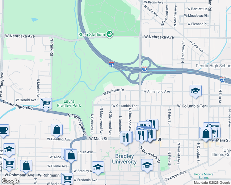 map of restaurants, bars, coffee shops, grocery stores, and more near 1312 North Institute Place in Peoria