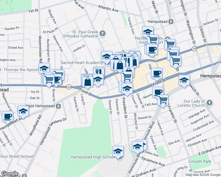 map of restaurants, bars, coffee shops, grocery stores, and more near 81 Front Street in Hempstead