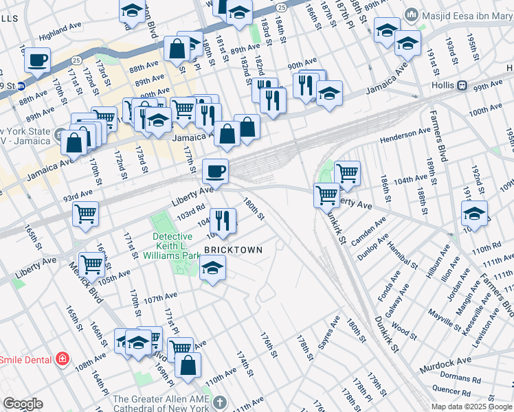 map of restaurants, bars, coffee shops, grocery stores, and more near 177-59 106th Avenue in Queens