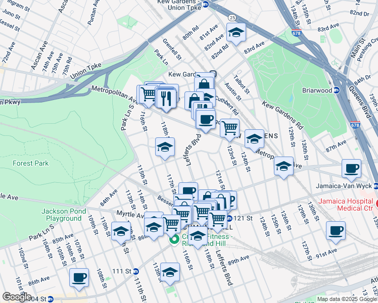 map of restaurants, bars, coffee shops, grocery stores, and more near in Queens