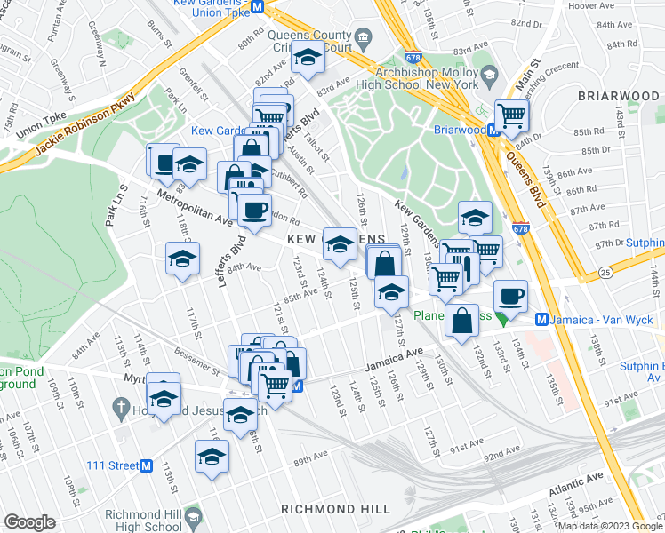 map of restaurants, bars, coffee shops, grocery stores, and more near 124-18 Metropolitan Avenue in Queens
