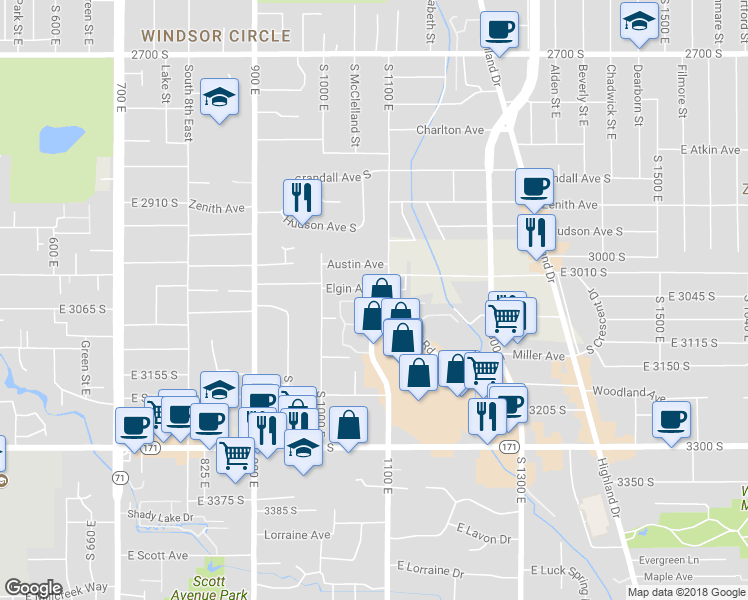 map of restaurants, bars, coffee shops, grocery stores, and more near 1157 Brickyard Road in Salt Lake City