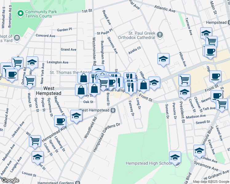 map of restaurants, bars, coffee shops, grocery stores, and more near 111 Fulton Avenue in West Hempstead