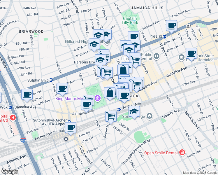 map of restaurants, bars, coffee shops, grocery stores, and more near 155-19 Jamaica Avenue in Queens