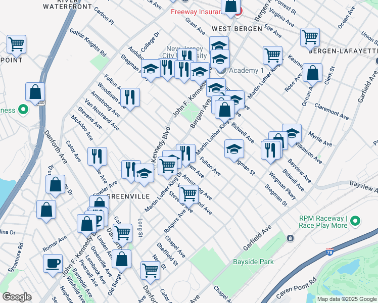 map of restaurants, bars, coffee shops, grocery stores, and more near 207 Fulton Avenue in Jersey City