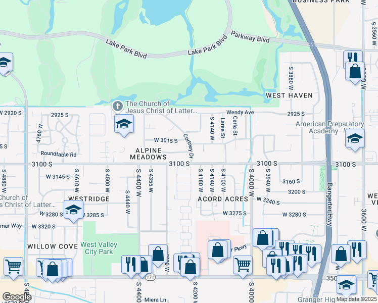 map of restaurants, bars, coffee shops, grocery stores, and more near 3760 Val Down Avenue in West Valley City