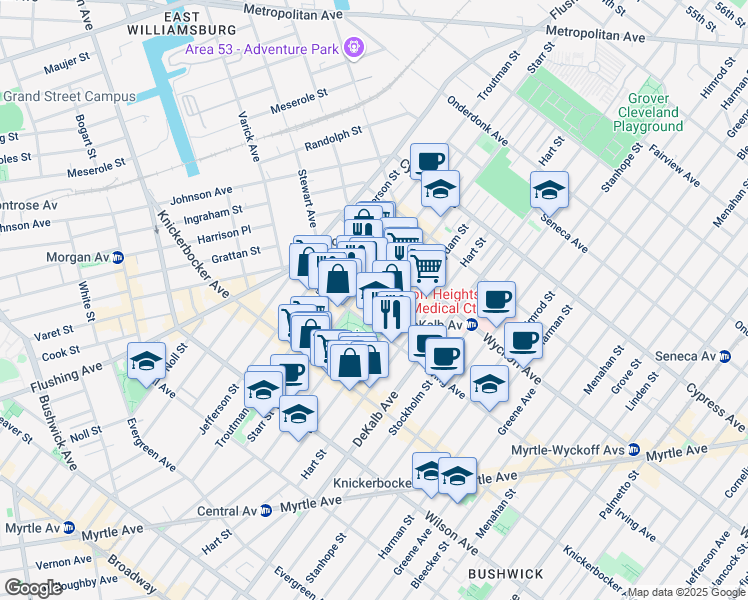 map of restaurants, bars, coffee shops, grocery stores, and more near 92 Irving Avenue in Brooklyn