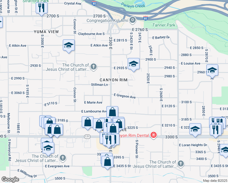 map of restaurants, bars, coffee shops, grocery stores, and more near 2334 East Gregson Avenue in Salt Lake City