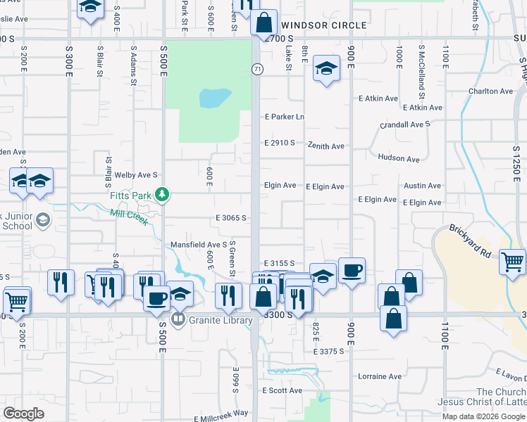 map of restaurants, bars, coffee shops, grocery stores, and more near 3080 South 700 East in South Salt Lake