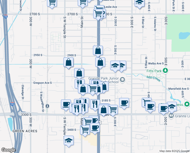 map of restaurants, bars, coffee shops, grocery stores, and more near 3079 South Main Street in South Salt Lake
