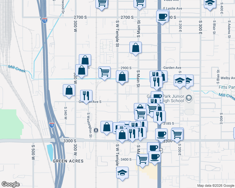 map of restaurants, bars, coffee shops, grocery stores, and more near 3060 South West Temple in South Salt Lake