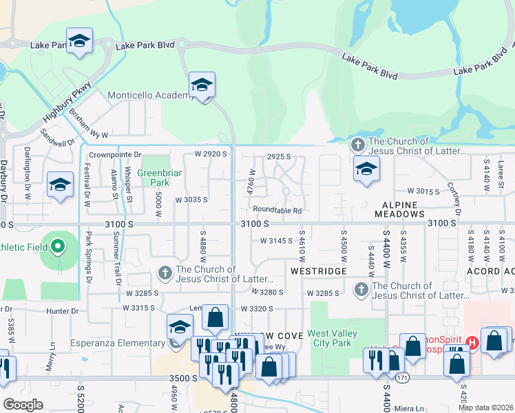 map of restaurants, bars, coffee shops, grocery stores, and more near 3092 Towerbell Lane in West Valley City