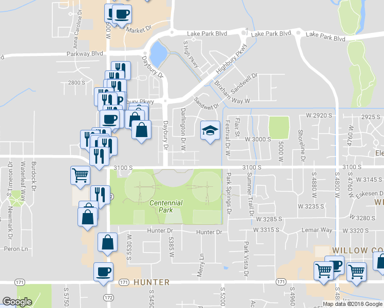 map of restaurants, bars, coffee shops, grocery stores, and more near 3091 Islington Lane in West Valley City