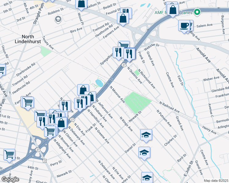map of restaurants, bars, coffee shops, grocery stores, and more near 735 North Monroe Avenue in North Lindenhurst