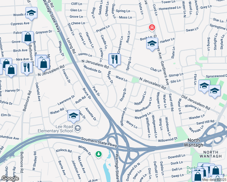 map of restaurants, bars, coffee shops, grocery stores, and more near 875 Woodside Drive in Wantagh