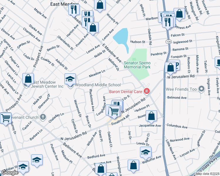 map of restaurants, bars, coffee shops, grocery stores, and more near 2048 Longfellow Avenue in East Meadow