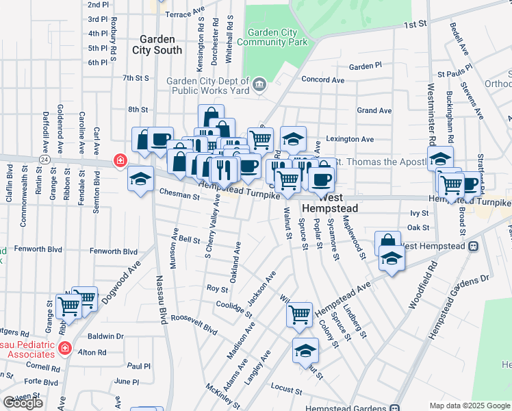 map of restaurants, bars, coffee shops, grocery stores, and more near 402 Hempstead Drive in West Hempstead