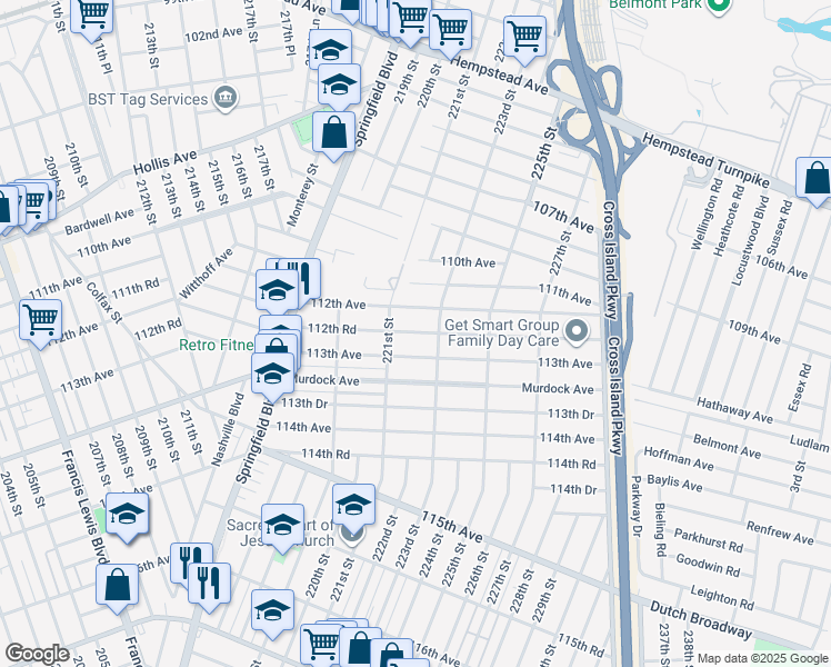 map of restaurants, bars, coffee shops, grocery stores, and more near 221-6 113th Avenue in Queens