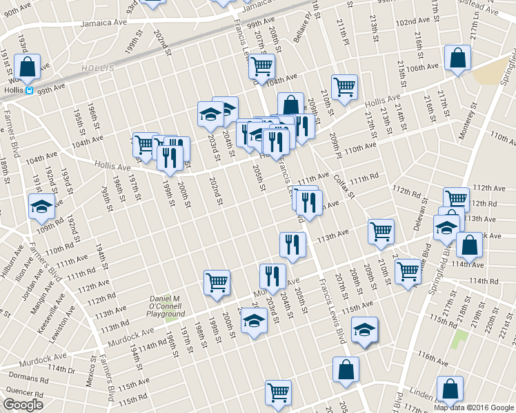 map of restaurants, bars, coffee shops, grocery stores, and more near 111-37 204th Street in Queens