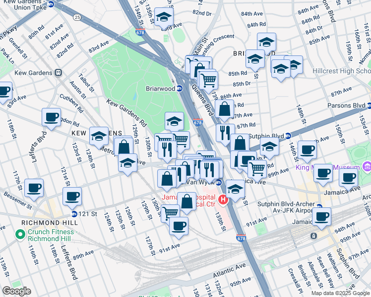 map of restaurants, bars, coffee shops, grocery stores, and more near 134-15 Hillside Avenue in Queens