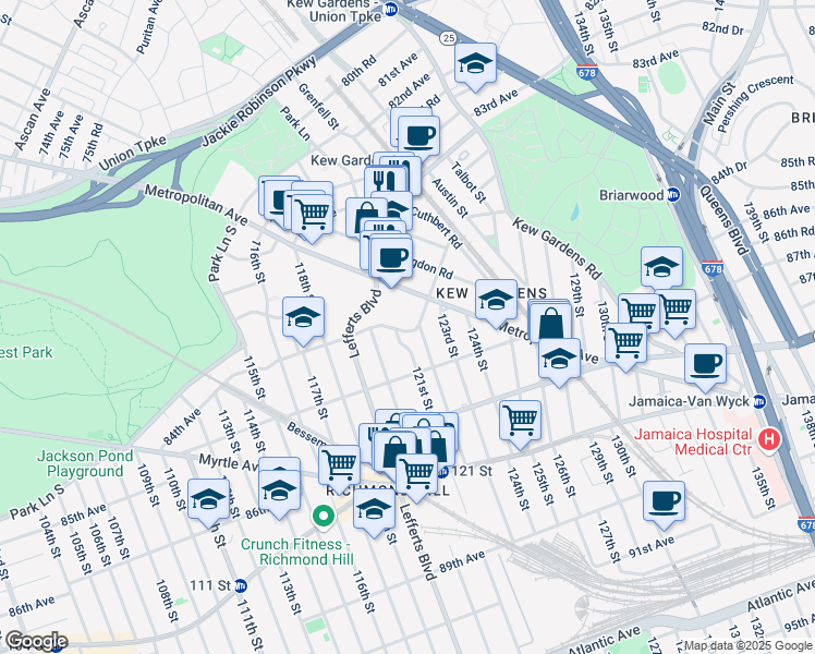map of restaurants, bars, coffee shops, grocery stores, and more near 84-26 122nd Street in Queens