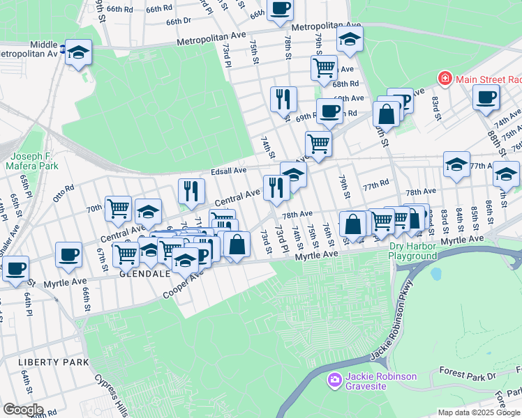 map of restaurants, bars, coffee shops, grocery stores, and more near in Queens