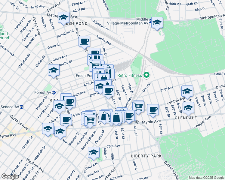 map of restaurants, bars, coffee shops, grocery stores, and more near 6865 Fresh Pond Road in Queens
