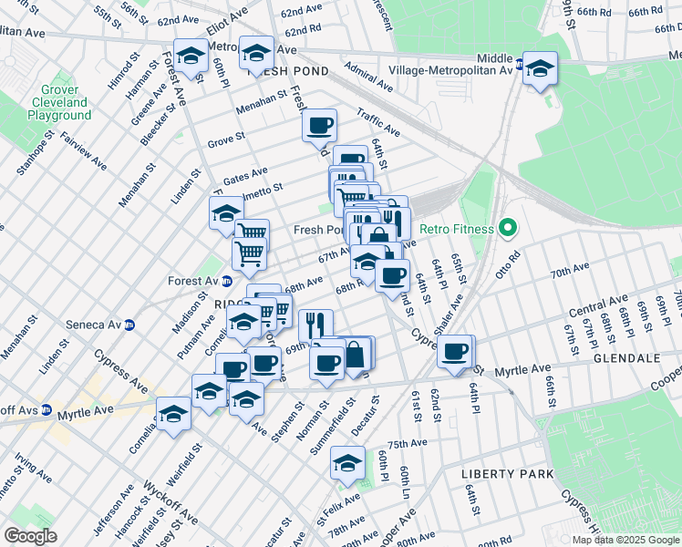 map of restaurants, bars, coffee shops, grocery stores, and more near 60-56 68th Road in Queens