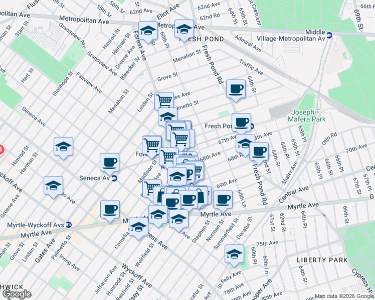 map of restaurants, bars, coffee shops, grocery stores, and more near in Queens