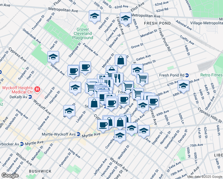 map of restaurants, bars, coffee shops, grocery stores, and more near 6-89 Onderdonk Avenue in Queens