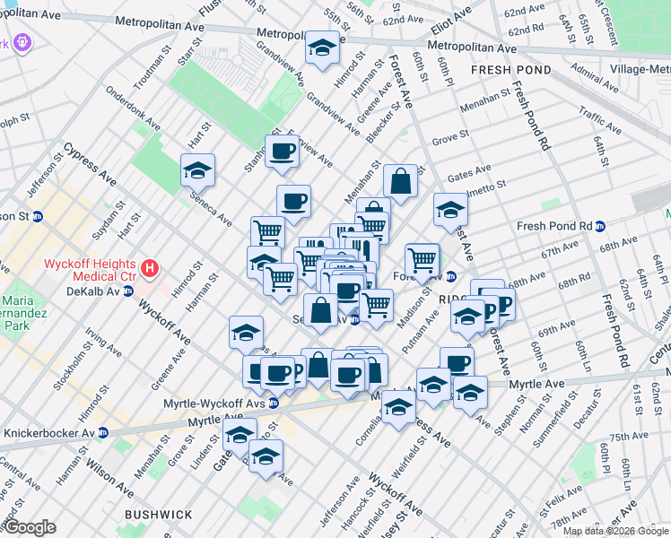map of restaurants, bars, coffee shops, grocery stores, and more near in Queens
