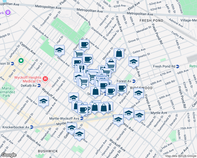 map of restaurants, bars, coffee shops, grocery stores, and more near 6-05 Seneca Avenue in Queens