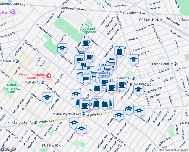 map of restaurants, bars, coffee shops, grocery stores, and more near 6-05 Seneca Avenue in Queens