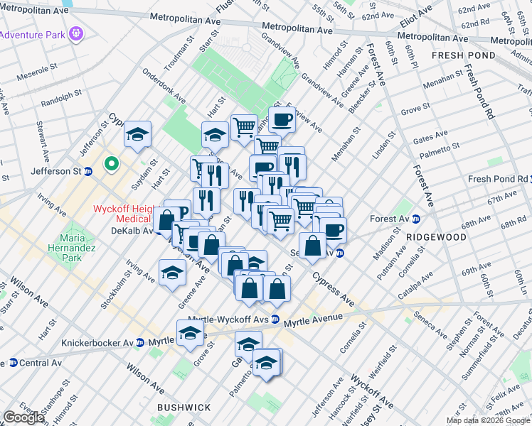 map of restaurants, bars, coffee shops, grocery stores, and more near 236 Cypress Avenue in Brooklyn