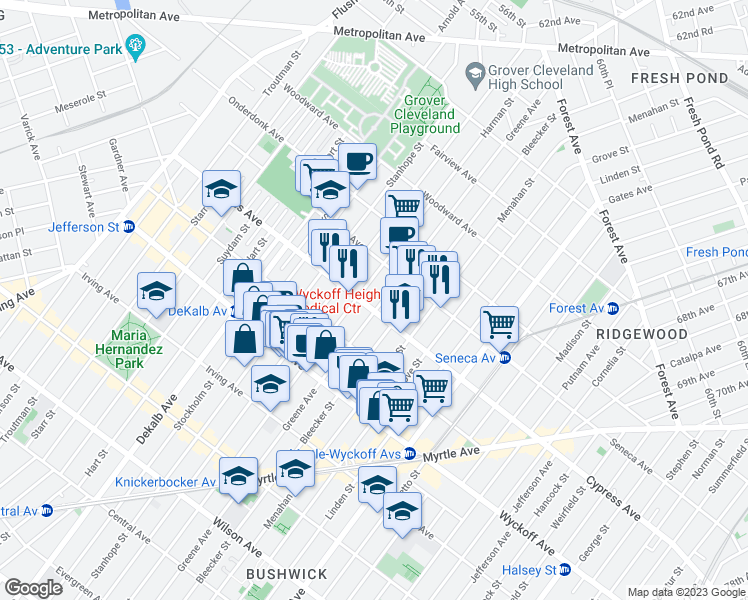map of restaurants, bars, coffee shops, grocery stores, and more near 1519 Greene Avenue in Brooklyn