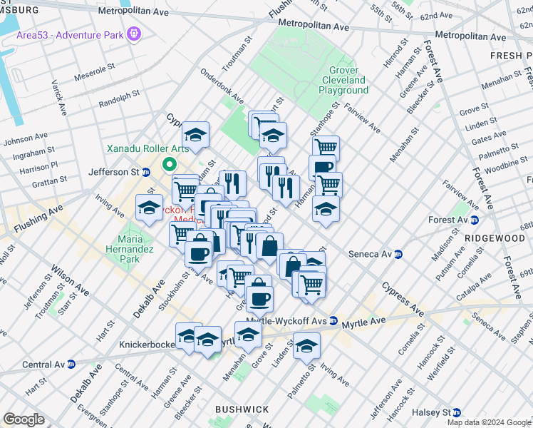 map of restaurants, bars, coffee shops, grocery stores, and more near 187 Saint Nicholas Avenue in Brooklyn