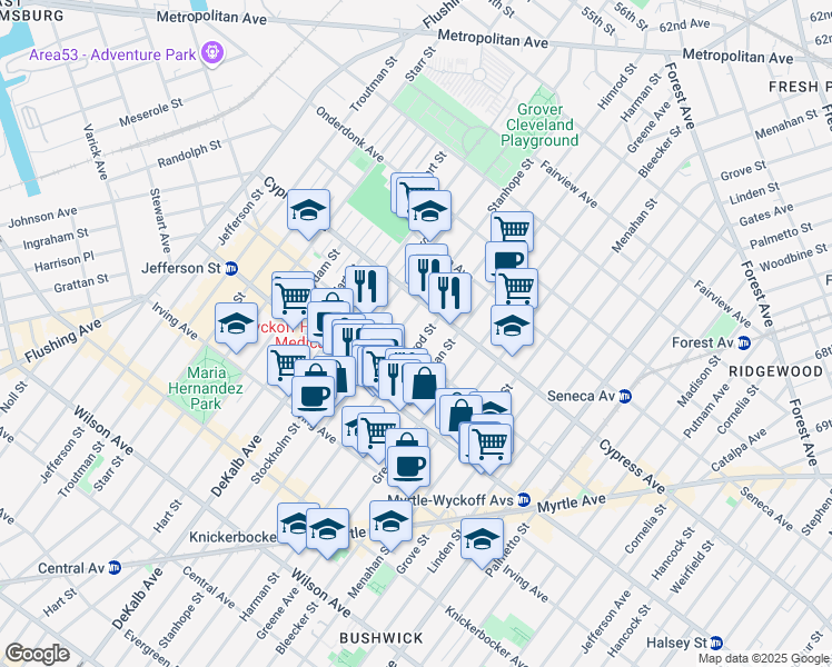 map of restaurants, bars, coffee shops, grocery stores, and more near 187 Saint Nicholas Avenue in Brooklyn