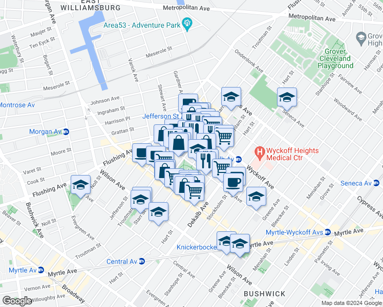 map of restaurants, bars, coffee shops, grocery stores, and more near 92 Irving Avenue in Brooklyn