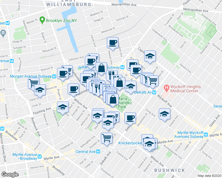 map of restaurants, bars, coffee shops, grocery stores, and more near 272 1/2 Jefferson Street in Brooklyn