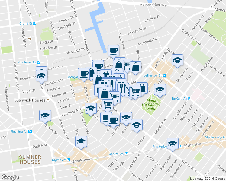 map of restaurants, bars, coffee shops, grocery stores, and more near 139 George Street in Brooklyn