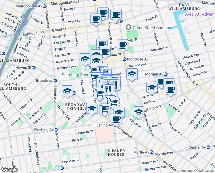 map of restaurants, bars, coffee shops, grocery stores, and more near 69 Moore Street in Brooklyn