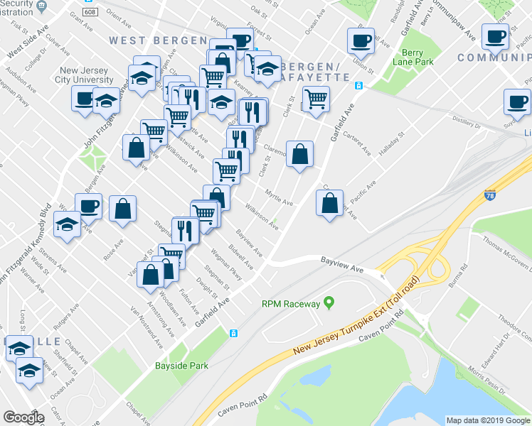 map of restaurants, bars, coffee shops, grocery stores, and more near 12 Wilkinson Avenue in Jersey City