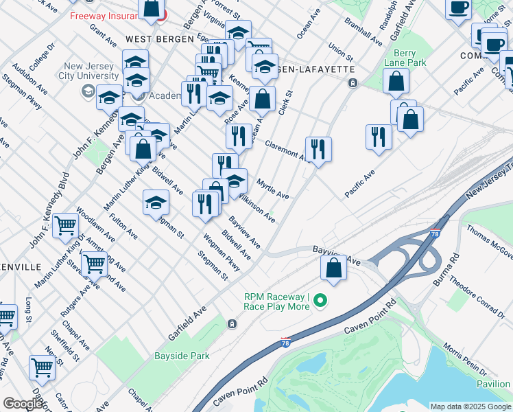 map of restaurants, bars, coffee shops, grocery stores, and more near 46 Arlington Avenue in Jersey City