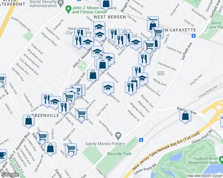 map of restaurants, bars, coffee shops, grocery stores, and more near 135 Stegman Street in Jersey City